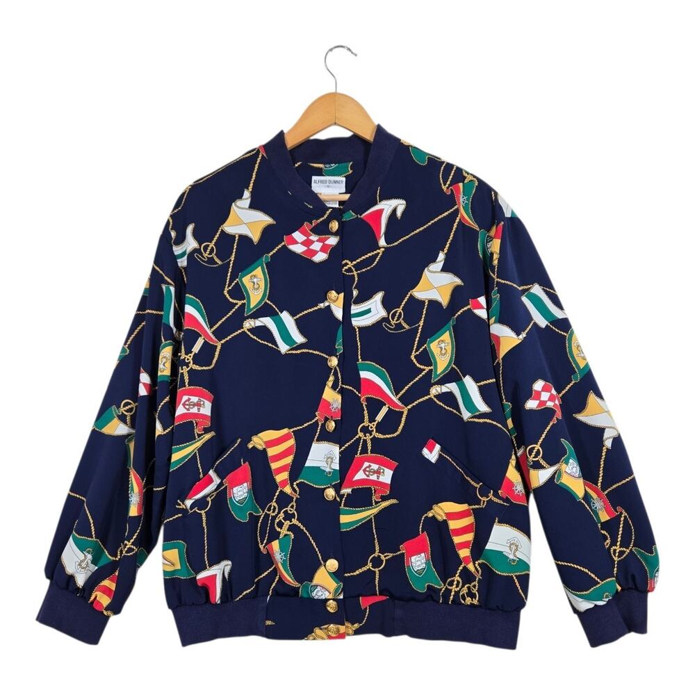 Vintage 90s Alfred Dunner Nautical Flag Bomber Jacket 18 Blue Coastal Grandma